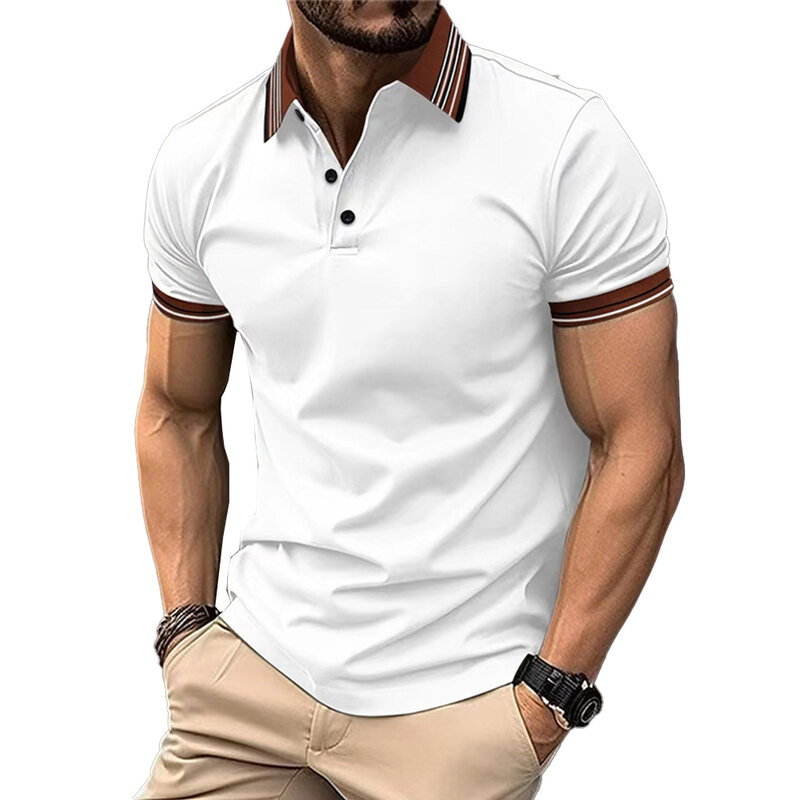 Футболка мужская в полоску, Повседневная Удобная рубашка, на пуговицах, с воротником, из полиэстера, для офиса, стандартная Мода