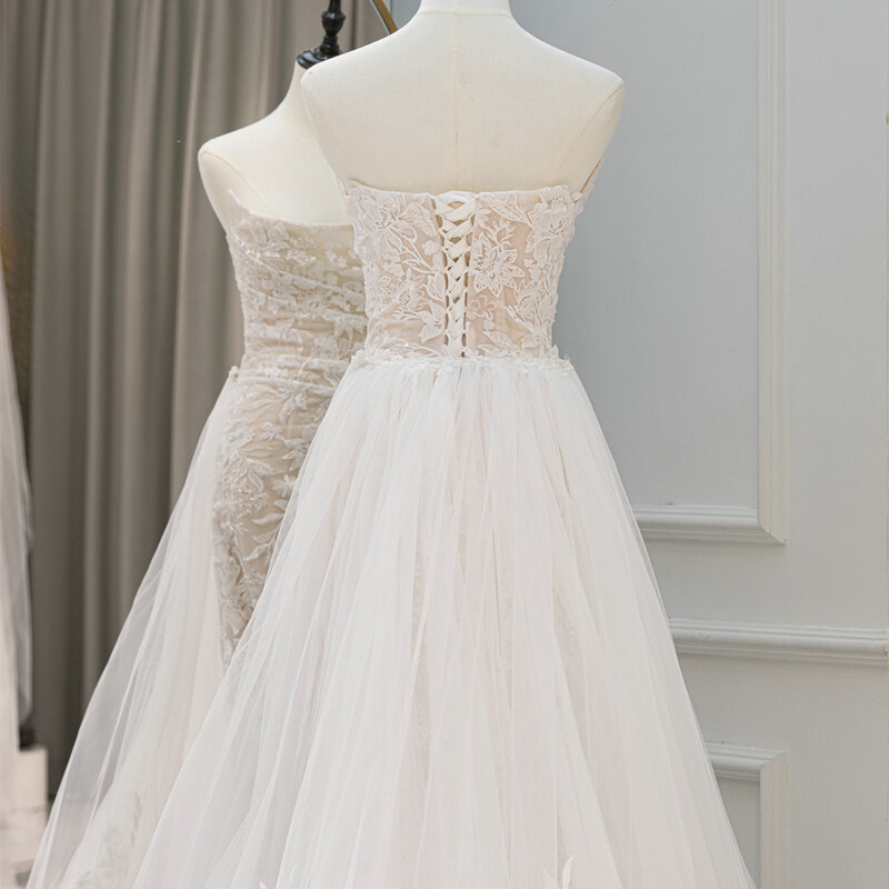 Brandneue beliebte Design Brautkleider für Frauen Braut A-Linie Schnürung überbackene ärmellose Spitze vestido de novia qw01956