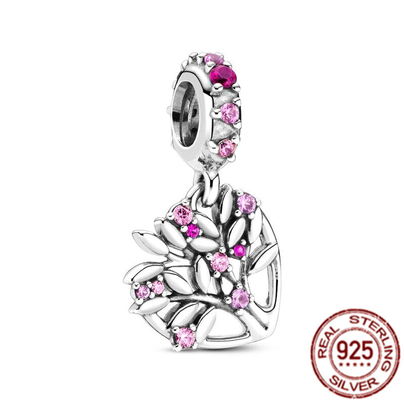 Fit สร้อยข้อมือ Pandora สร้อยข้อมือประกายสีชมพู Heart Family Tree Dangle Charms ลูกปัดแท้925สำหรับผู้หญิง