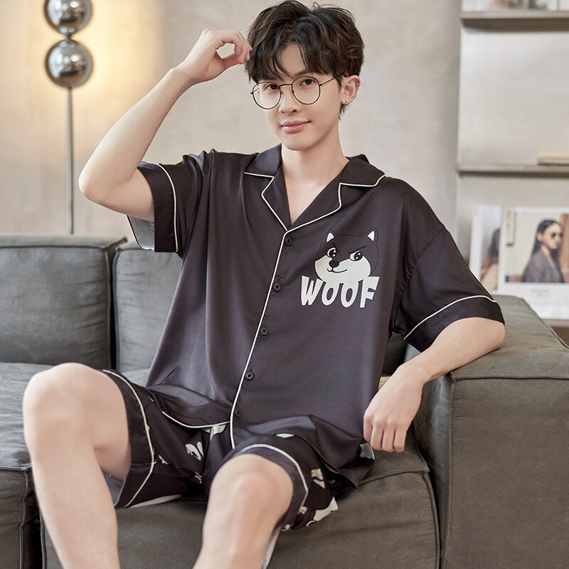 Conjunto de Pijama con estampado de perro para hombre, ropa de dormir masculina holgada coreana, cárdigan de tela de seda, cómoda, de verano, 2024