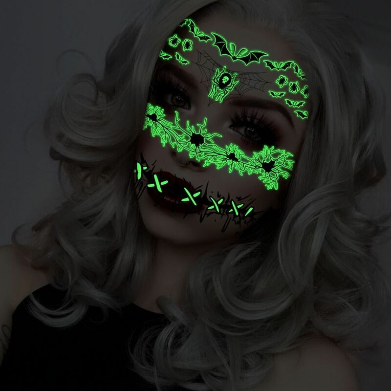 Stiker tato bercahaya mulut Halloween stiker seni tubuh bekas luka bersinar stiker Transfer air jaring hijau pergelangan tangan wajah