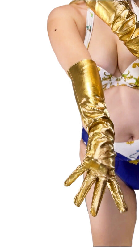 DooWay sarung tangan panjang siku 50cm sarung tangan Opera mode Cosplay kulit paten imitasi tampilan basah lateks emas bersinar sarung tangan panjang siku 50cm