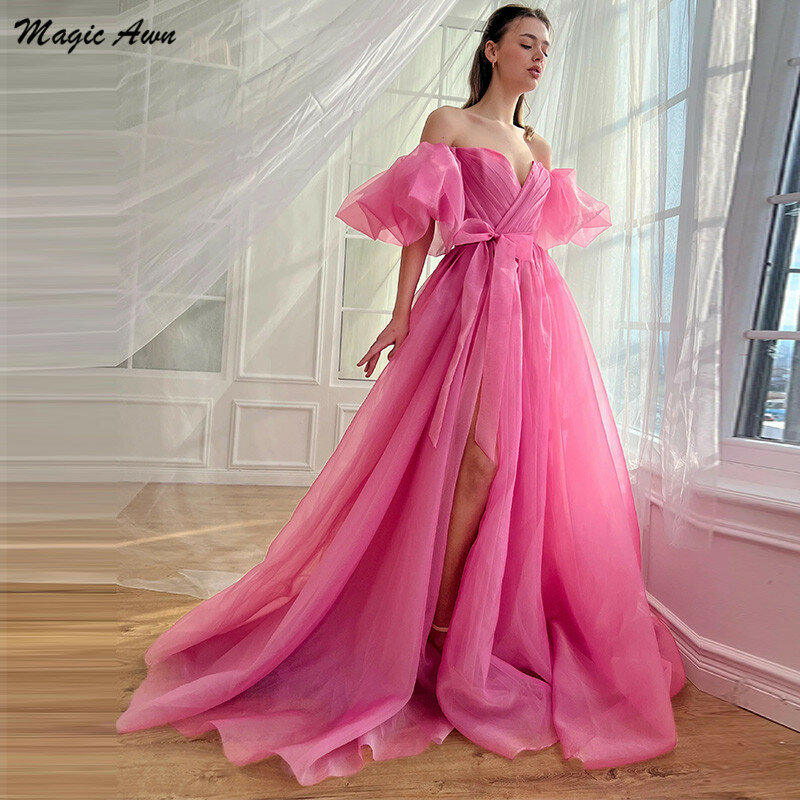 Gaun Prom baru Magic Awn 2024 sisi terpisah dari bahu gaun pesta malam Fuchsia jubah belakang Lace-Up de Soiree