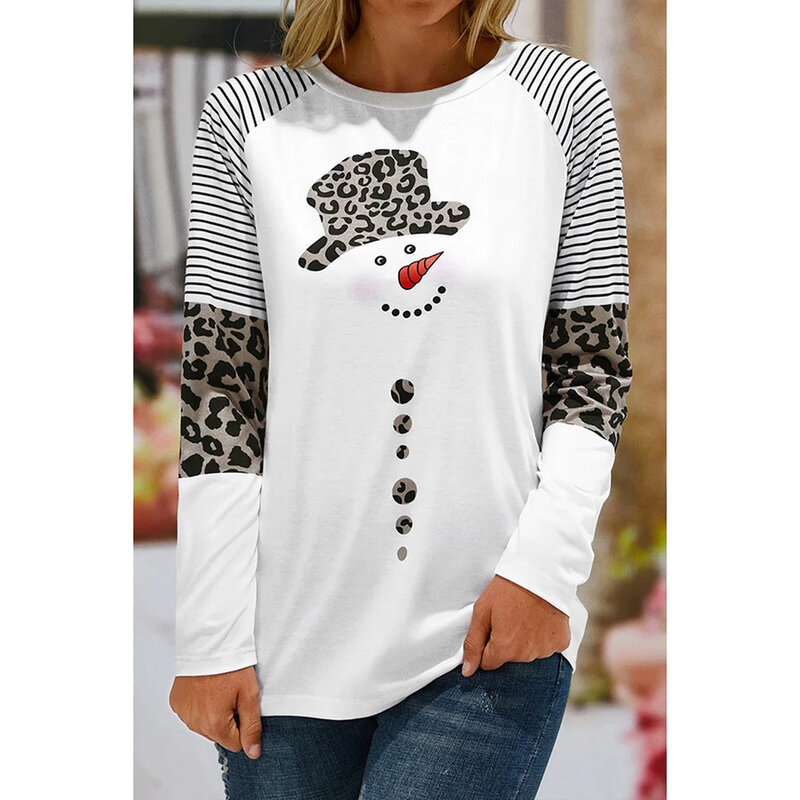 Plus Size Christmas White Snowman Leopard Striped Print Long Sleeve T-Shirt