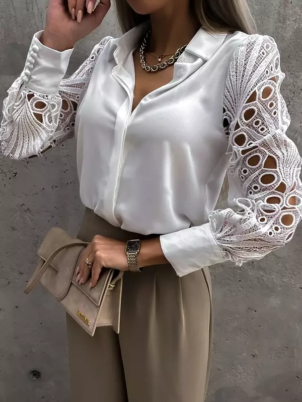 2024 Damen Bluse weißes Hemd elegante V-Ausschnitt Spitze Ärmel aus geschnitten Patchwork Büro Frühling Sommer Pendler schwarze Tops S-XXL