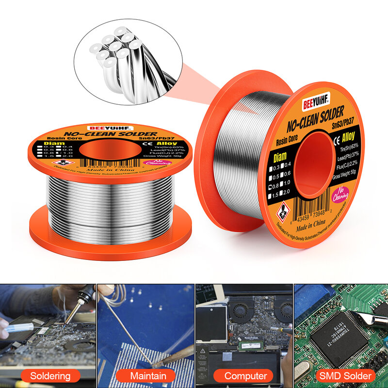Rosin Core Solder Wire, Soldagem Welding Reel, No-clean Flux, Tin 63/37, 0.3mm, 0.4mm, 0.5mm, 0.6mm, 0.8mm, 1.0mm, 1.8% a 2.0%, 50g