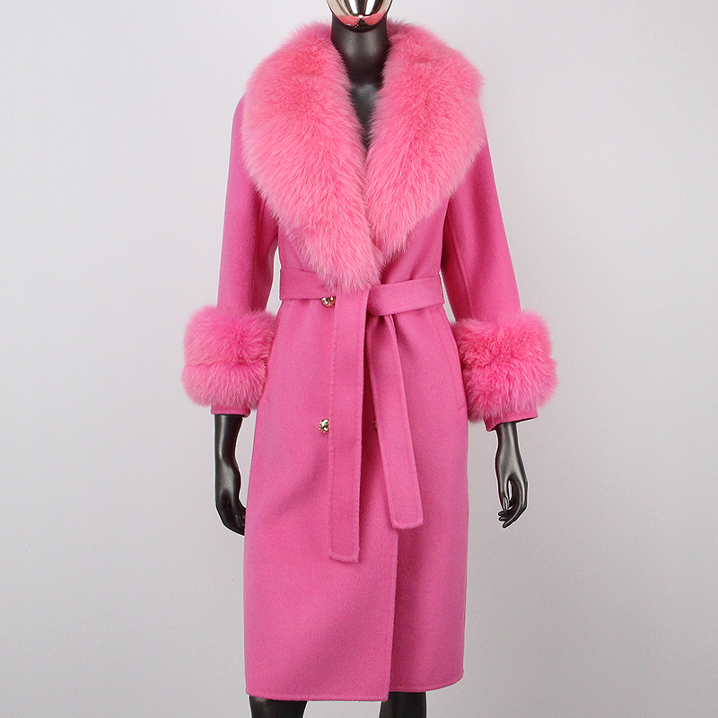 女性の冬のジャケット2023ナチュラルキツネの毛皮の襟,本物の毛皮のコート,カシミア,ダブルブレストのアウターウェア