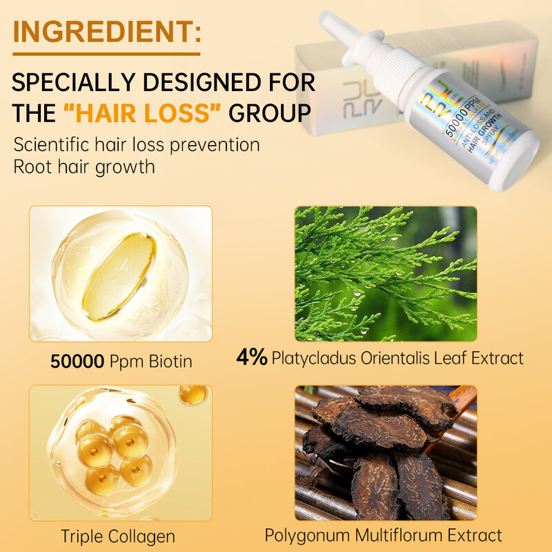 PURC Biotin produk penumbuh rambut pria wanita, semprotan penumbuh rambut cepat menumbuhkan minyak Perawatan Rambut