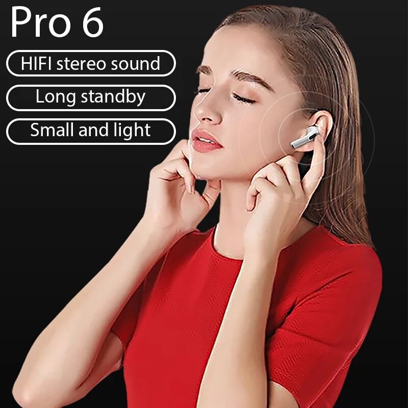 TWS Pro6 Earphone Bluetooth dengan Mic, headphone Bluetooth nirkabel, Headset Bluetooth 6 Stereo 9D Pro 6 untuk Xiaomi, Samsung, Android