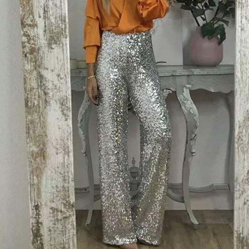 Flared Straight-leg Pants Sequins High Waist Flared Pants for Women Slim Fit Shining Trousers with Elastic Waistband Solid Color