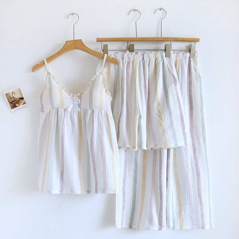 Pijamas finos sin mangas para mujer, ropa de dormir Floral, conjunto de Camisón de algodón, 3 piezas, verano 2024