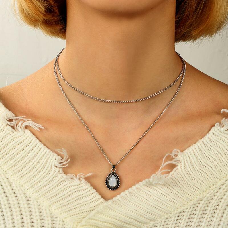 Vintage Pendant Necklace Choker Waterdrop Shaped Opal Double Layer Women Jewelry