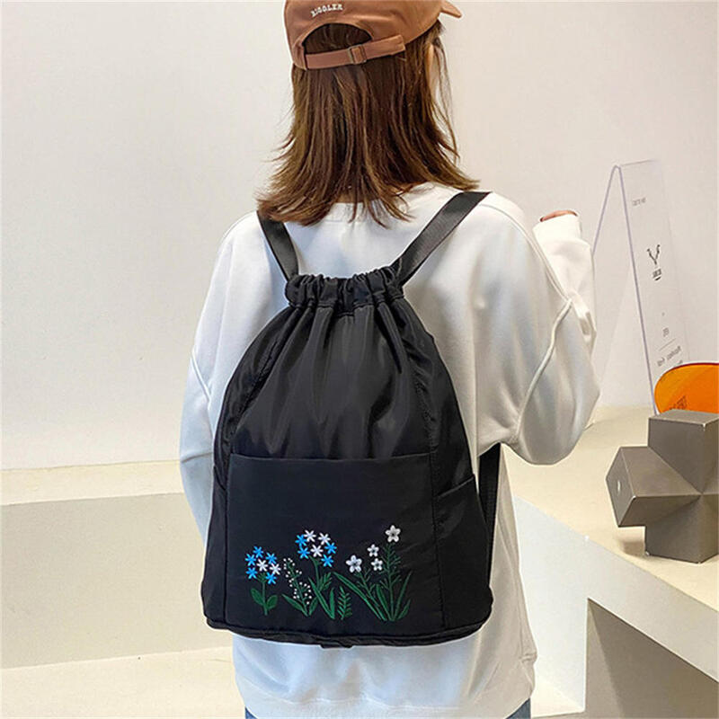Women's Drawstring Backpack Folding Soft Multifunction Travel Waterproof Gym Bag Nylon Sports Bag Backpack Embroidered Backbag