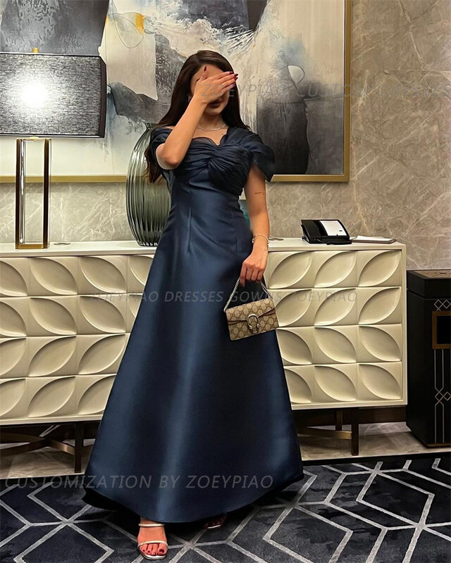 Splendido blu Navy corto A Line Prom Dress Organza/raso donna sera formale abiti da festa arabi Vestidos De Gala Mujer