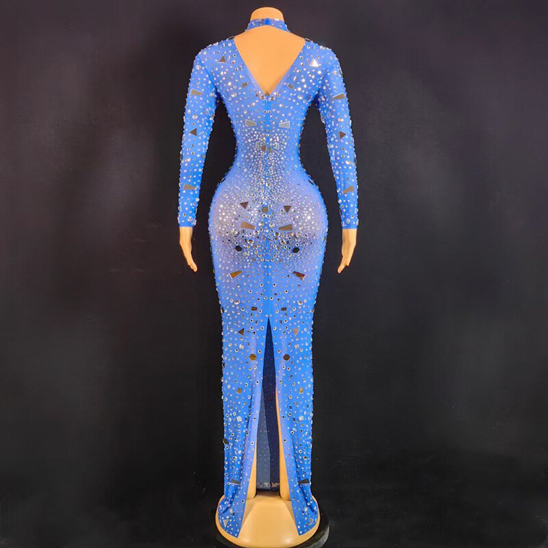 Sparkling Rhinestone Sequins Transparent Long Dress For Dinner Celebration Luxurious Attire Dancer's Wedding Party Dress Host