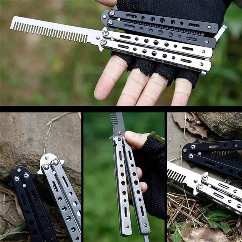 Foldable Butterfly Knife Comb Stainless Steel Practice Training Comb Beard Moustache Brushes Hairdressing Styling Tool