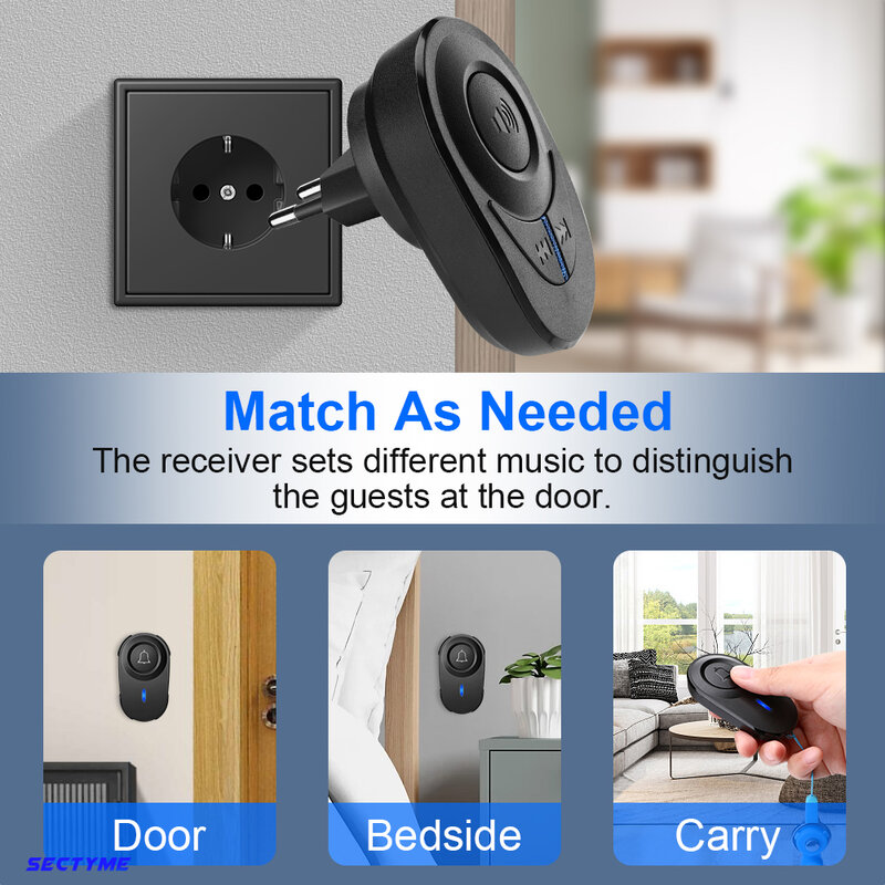Sectyme Intellige-timbre inalámbrico para el hogar, alarma de seguridad para el hogar, impermeable, con enchufe europeo, 48 acordes, LED, Flash
