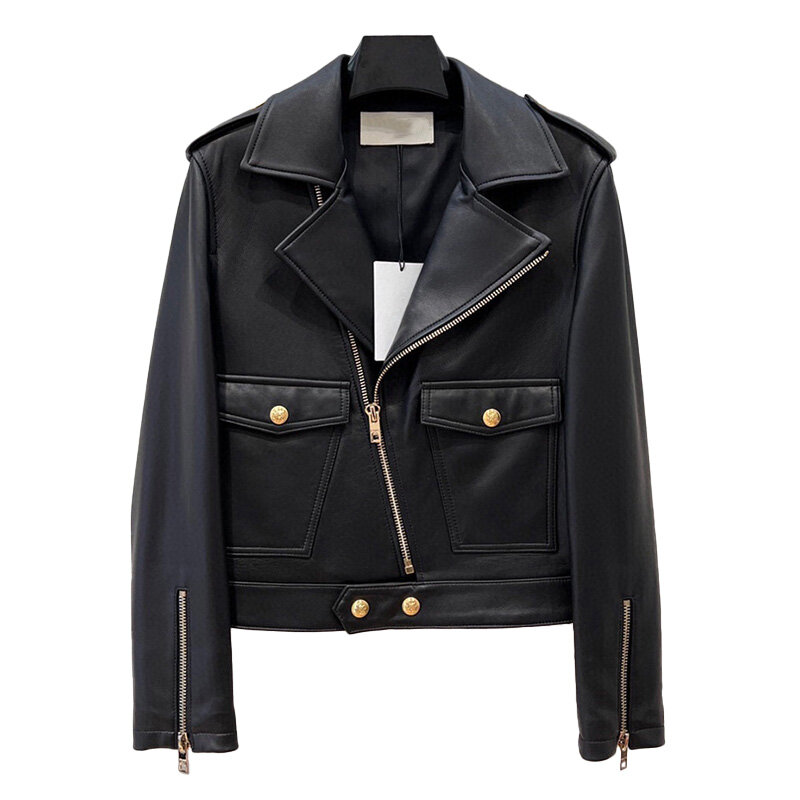 Lady Slim Leather Jacket 2023 New Design Genuine Sheepskin Leather Coat Turn Down Collar Women Clothing TF5473