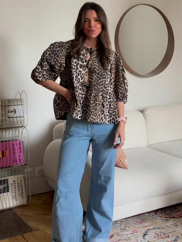 Leopard camisa estampada para mulheres, top de manga curta, gola redonda, solta, casual, moda, streetwear, primavera e outono, 2024