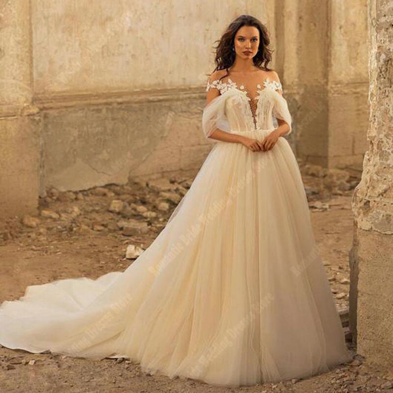 Gaun pengantin wanita A-Line cantik indah gaun pengantin Tulle seksi gaun pengantin panjang pel tanpa lengan putri Vestidos De Novias 2024