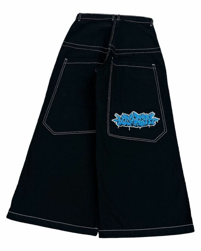 Wexwear-pantalones vaqueros holgados con bordado gráfico para hombre y mujer, ropa de calle Y2K, Harajuku, cintura alta, Pantalón ancho, negro, monopatín