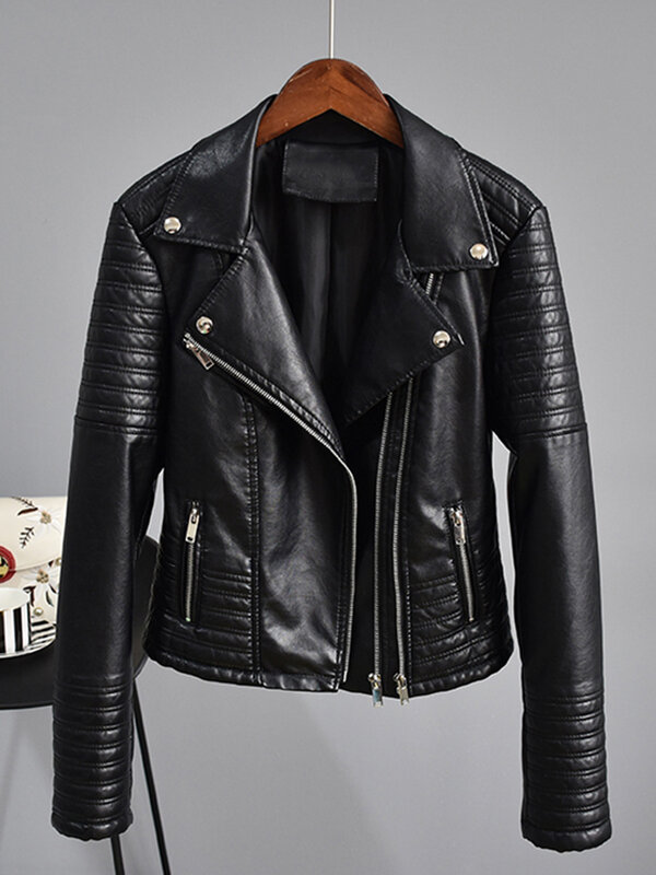 Jaqueta de couro preta para mulheres, gola de bolso, casaco punk, motocicleta, rebite, zíper, casacos, tops, 3XL, 2023