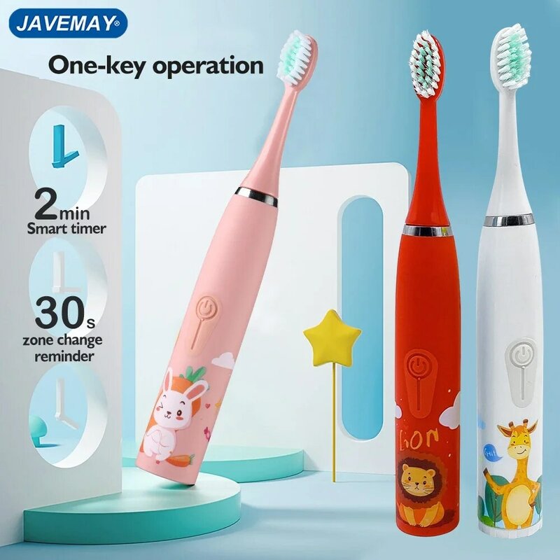 Cepillo de dientes eléctrico sónico para niños, cabeza de cepillo de dientes de cerdas suaves con dibujos animados de conejos, J259