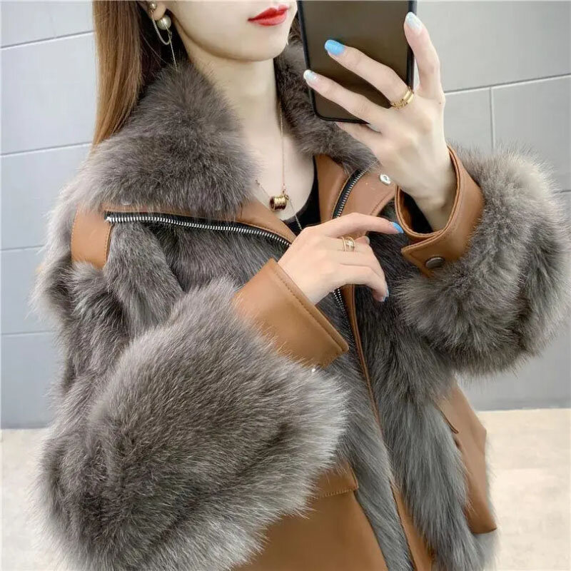 Jaqueta de pele de raposa falsa feminina, pele de costura solta, sobretudo curto, moda coreana, tops de outono, inverno, novo, 1 pc, 2023