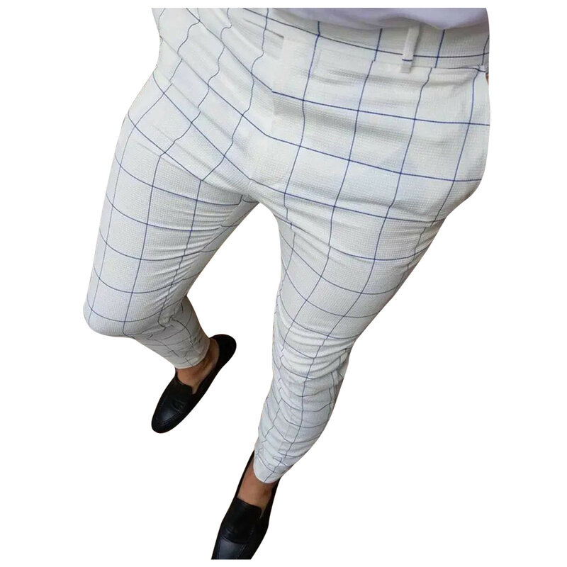 Cn1083961245henae-Pantalones informales a cuadros para hombre, pantalones pitillo con cremallera y cintura elástica, ropa clásica Formal