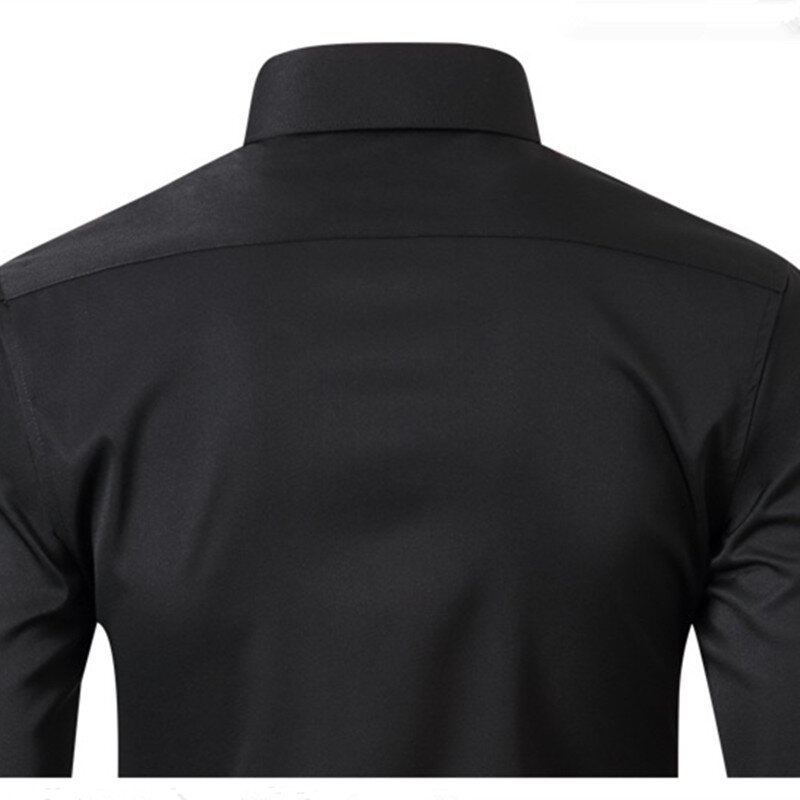 Plus 6XL Men's Social Shirt New Autumn Spring Business Dress Shirts Non-iron Casual Solid Vertical Black Slim Fit Elastic Clothe