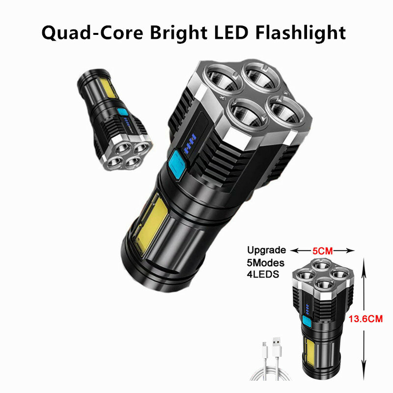 Linterna LED brillante de cuatro núcleos, luz fuerte recargable, superbrillante para exteriores, foco multifuncional USB antiexplosión, nuevo