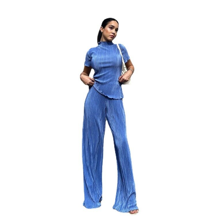 Francuski 2024 letni nowy szczupły t-shirt wysoki stan niebieski plisowany spodnie podłogowe casualowe damskie modny zestaw