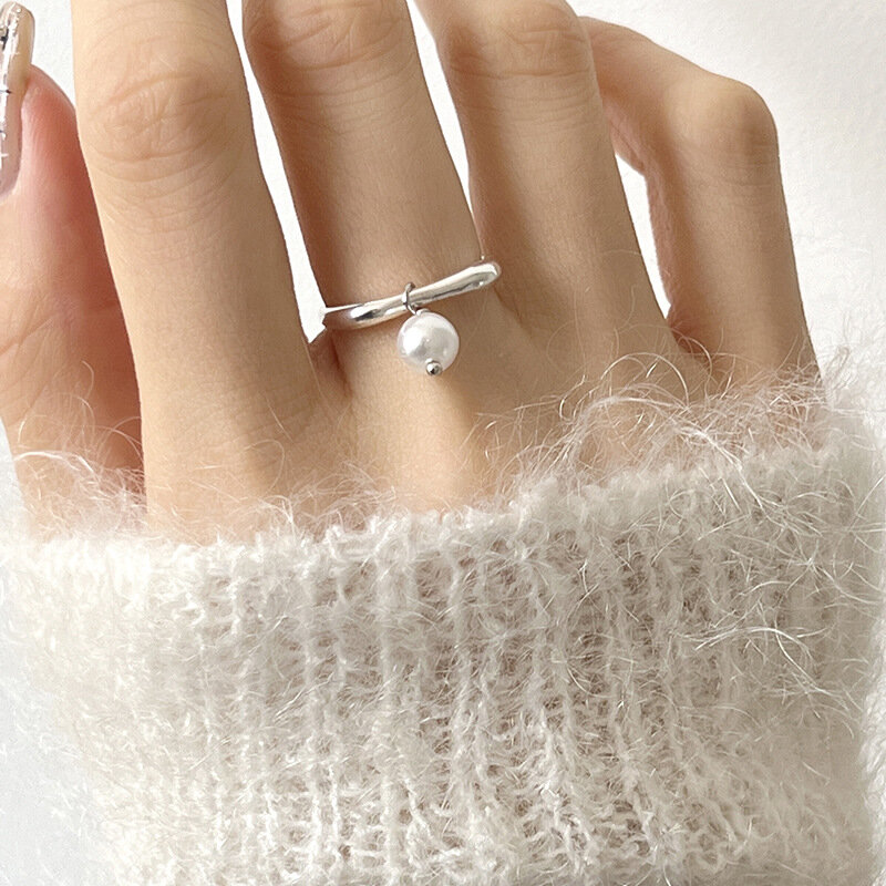 Cincin rumbai mutiara geometris perak Sterling 925 untuk pria wanita desain sederhana mode hadiah cincin pasangan buatan tangan dapat disesuaikan