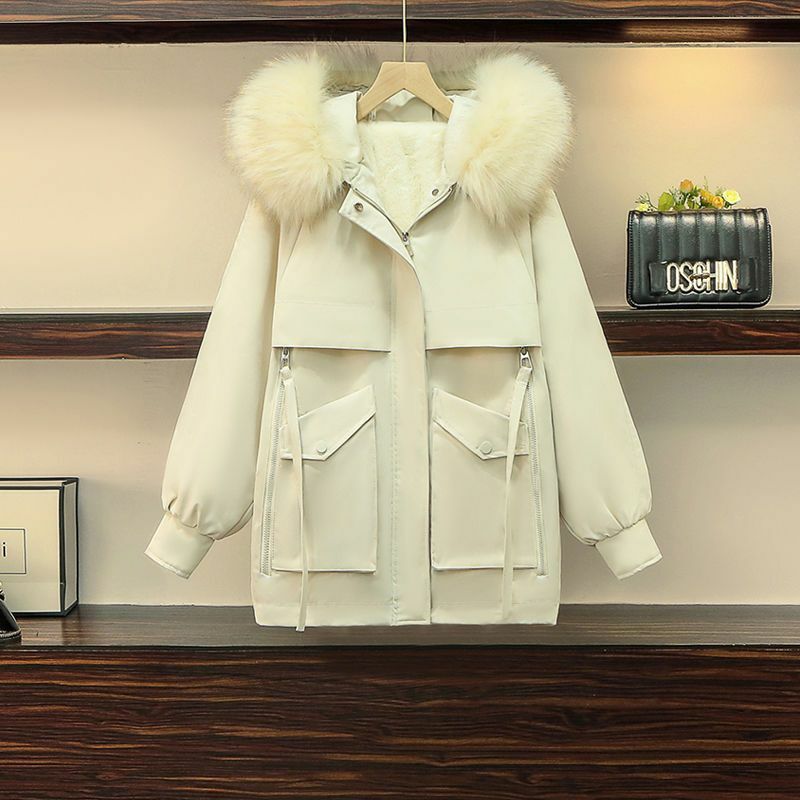 Fashion Casual Women's Winter New Thickened Cotton Jacket Korean Version Loose and Slim Medium Length Plush Jacket