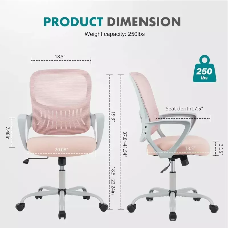 Krzesło biurowe, ergonomiczne, obrotowe do pracy w połowie tylna siatka, obrotowe krzesła biurowe z kołami, wygodne stabilizator lędźwiowy, różowe