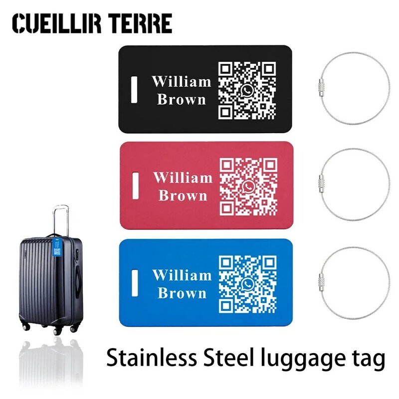 Etiquetas de equipaje personalizadas con código QR, etiquetas de viaje reutilizables con láser, grabado de Metal de moda, número de maleta de equipaje