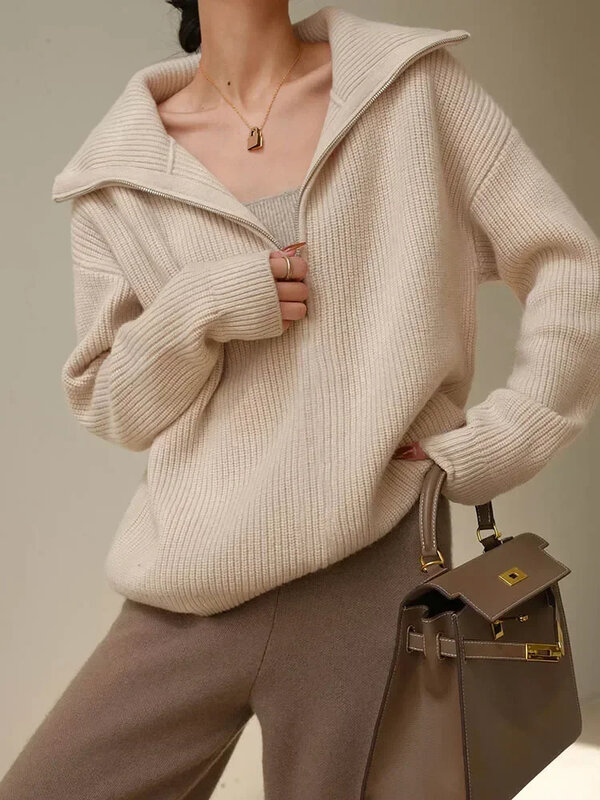 Suéteres de punto de cuello alto con cremallera para mujer, jerséis de manga larga informales de gran tamaño, gris y negro sólido, Invierno