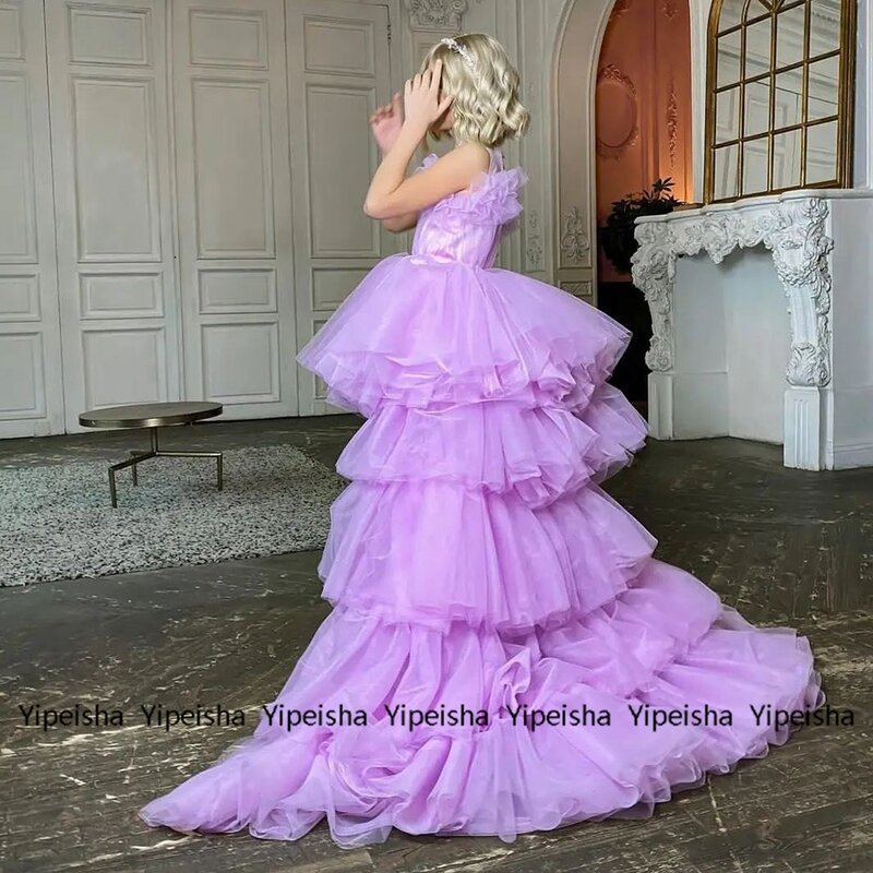 Yipeisha 7~12 Years Baby Purple Flower Girl Dresses Organza High/Low Court Train Tiered Prom Gowns Summer Baby Birthday Dress