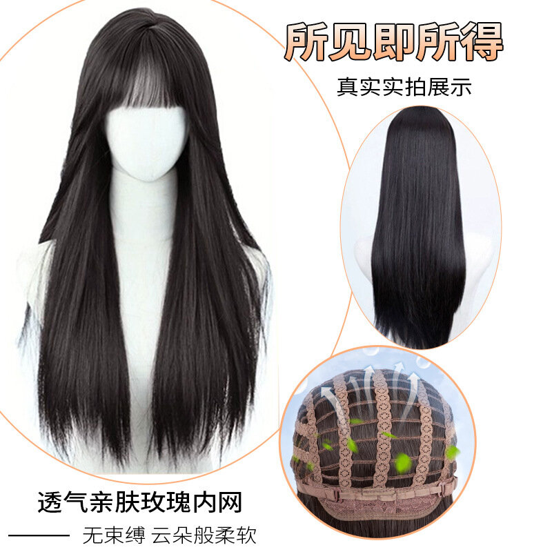 Wig rambut panjang lurus wanita, Set Wig rambut manusia imitasi hitam panjang lurus mengurangi usia mode baru