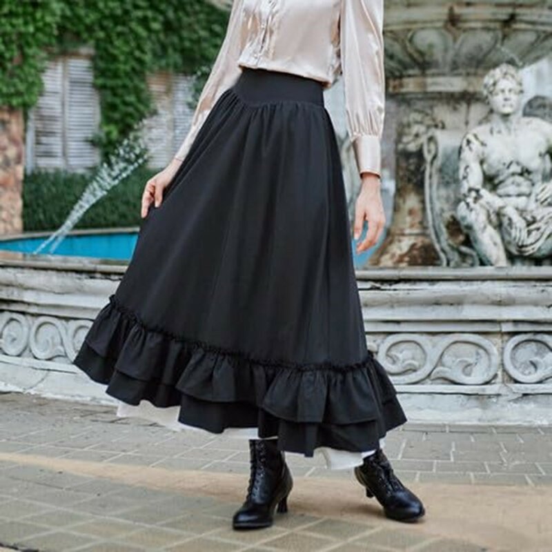 Saia retrô medieval elástica de renda alta feminina, com cordão casual, saia longa linha A, saia de balé para meninas, moda boho