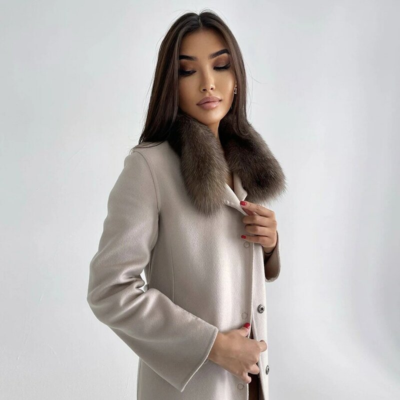 Chaqueta de piel auténtica para mujer, abrigo de Cachemira con cuello de zorro Real, abrigo de lana Natural de alta calidad
