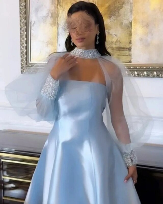 Gaun Prom Arabia A-Line manik-manik manik-manik Tulle lengan panjang panjang lantai kerah tinggi Satin Formal malam Modern