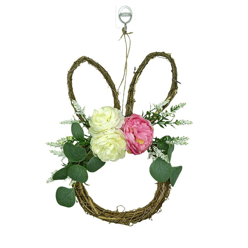 Corona de conejo de Pascua para colgar en la pared, corona simulada de primavera, decoración colgante para puerta