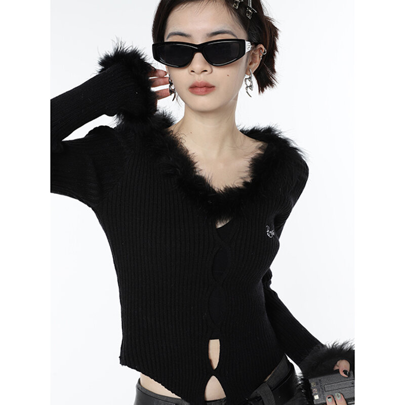 Y2K frauen Kleidung Langarm Pull Femme Chic Aushöhlen Jumper Strickwaren Koreanische Abgeschnitten Pullover Pullover Mode Tops 2022