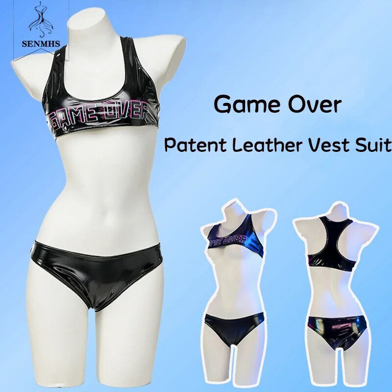 SENMHS Game Over Anime Glossy Patent Leather Shorts Vest Cosplay Women Hot Girl Uniform Set
