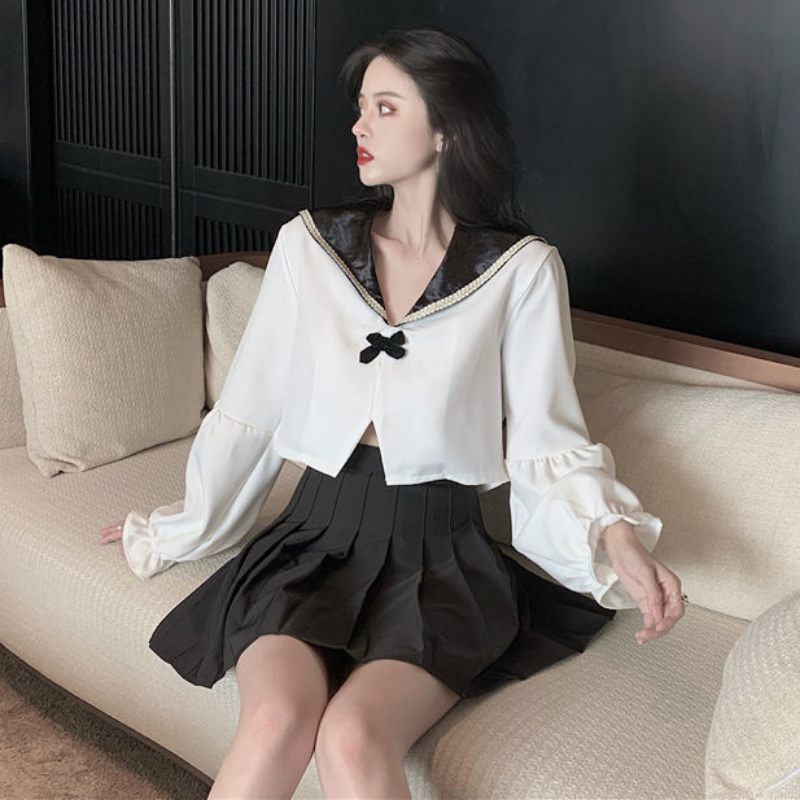 Sets Women Spring French Design Jk Sailor Collar Shirts Cropped Long Sleeve Top Pleated Skirts Outfits Clothing Harajuku Mujer