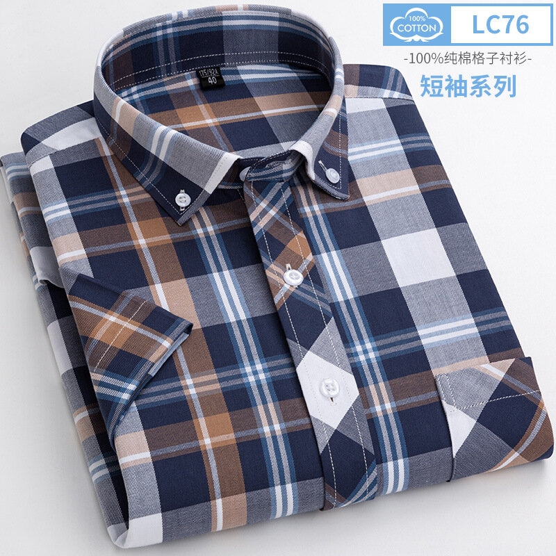 6XL męska koszula z krótkim rękawem letnia 100% bawełniana wysokiej jakości cienka codzienna krata bez prasowania plus rozmiar oddychająca