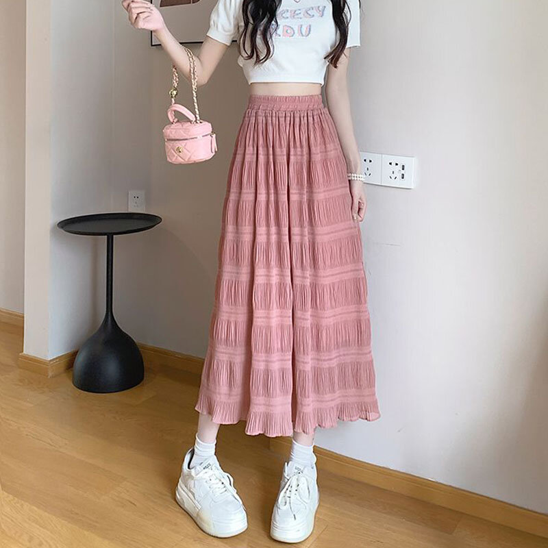 Spódnica letnia długi koreański styl szyfonowy słodki College styl elastyczna talia wróżka dziewczyna modna, patchworka linie Faldas odzież