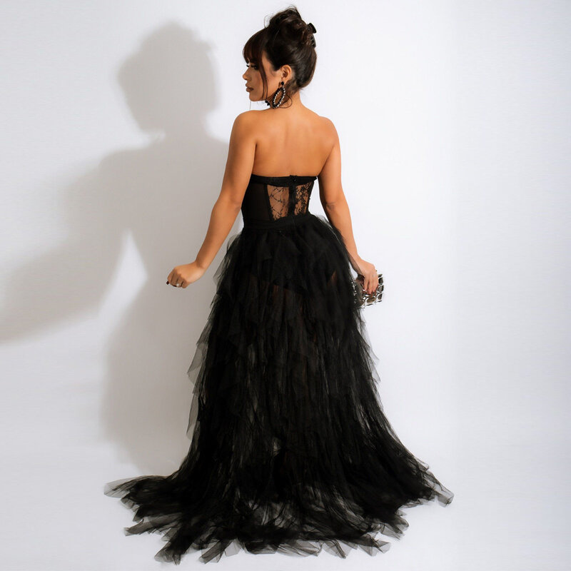 2022 nowe eleganckie seksowne suknie wieczorowe Party czarny czerwony przepuszczalność koronki Mesh gorset Maxi sukienka luksusowa suknia ślubna gości