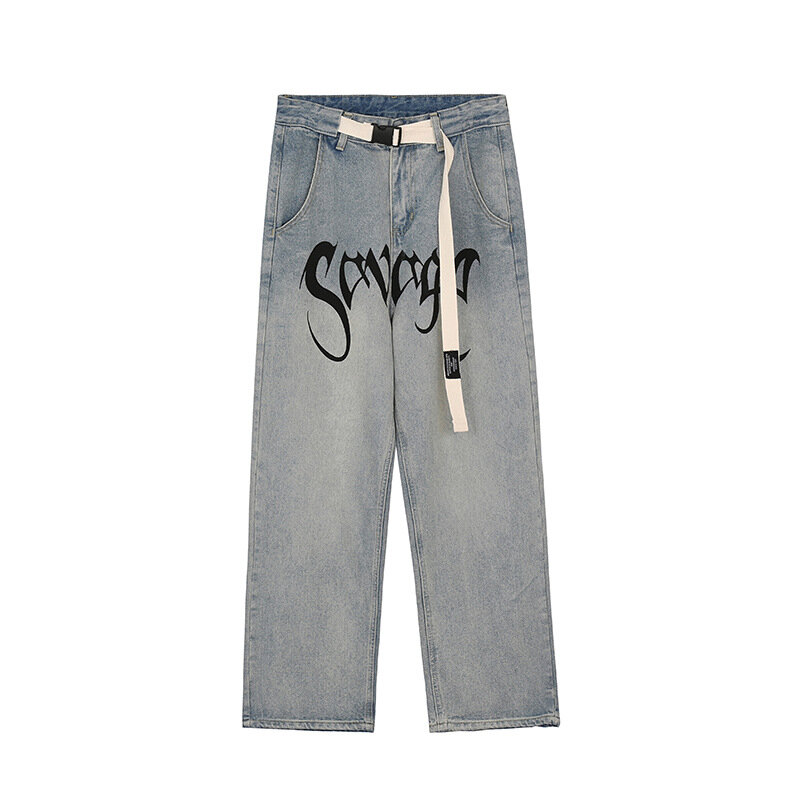 American High Street Jeans Pria Hip Hop Longgar Jalan Goreng Celana Lurus Musim Gugur Retro Huruf Celana Kaki Lebar